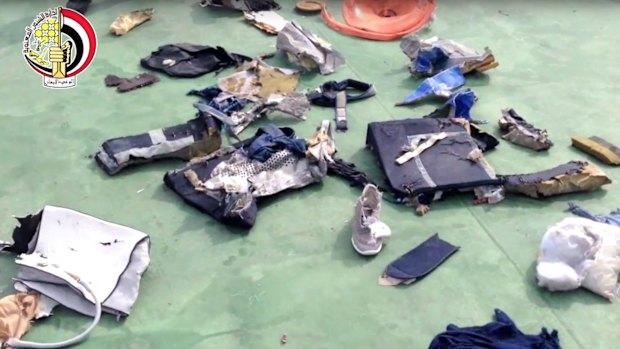 Debris and personal belongings from MS804, including a shoe, which were recovered from the sea.