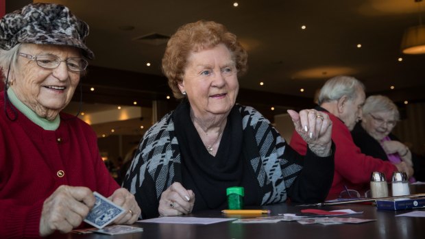 Betty Gardiner is one of the many widows in Rosebud. Ms Gardiner, second from left, joins her friends every Friday to play a game of cards. 