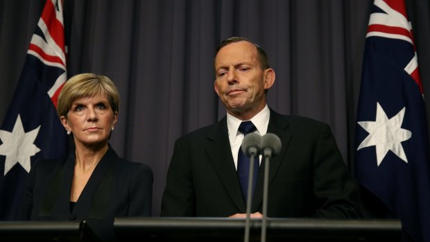 Foreign Affairs Minister Julie Bishop and Prime Minister Tony Abbott address the media after the executions of Andrew Chan and Myuran Sukumaran