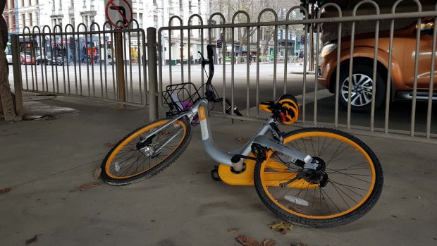 An abandoned oBike in Melbourne's CBD.