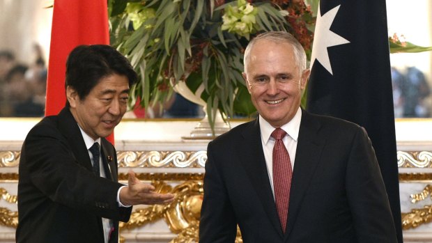 Prime Minister Malcolm Turnbull welcomed by his Japanese counterpart Shinzo Abe in Tokyo in December 2015.