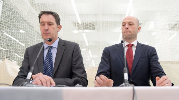 Resolution: Cricket Australia CEO James Sutherland (left), and Australian Cricketers' Association CEO Alistair Nicholson announced the end of the pay dispute on Thursday.