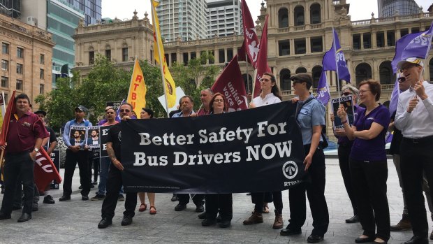 Bus drivers and union supporters outside Brisbane City Council on Reddacliff demanding better safety conditions.