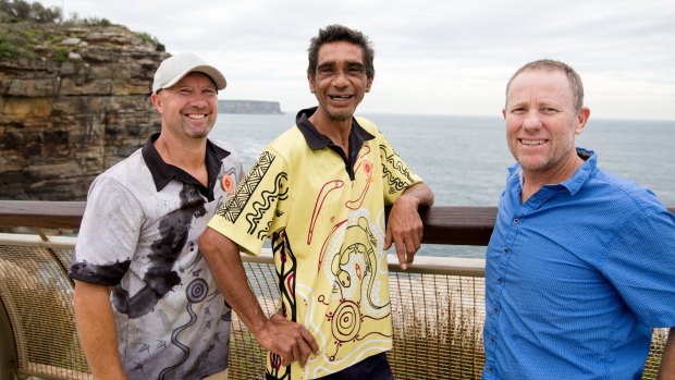 Aboriginal elder Tim Ella with Grant Hyde (left) and Doyles restaurant owner Ben Doyle at Watsons Bay.