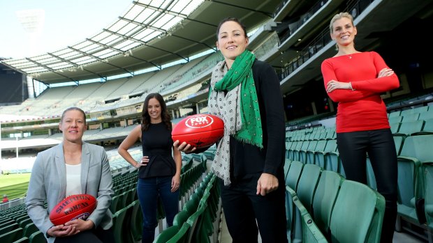 AFL's media coverage deserves a greater female presence, such as player Meg Hutchins (left), Neroli Meadows from Fox, player Melissa Hickey and Sarah Jones from Fox.
