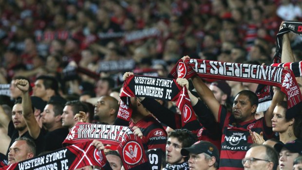 In full voice: Wanderers fans during the round 20 A-League match between Sydney FC and the Western Sydney Wanderers at Allianz Stadium.