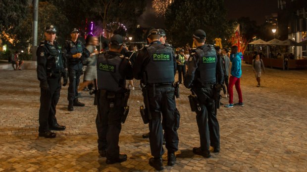 There were almost as many police as festival-goers at Federation Square at this year's Moomba festival.