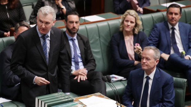 Manger of opposition business Tony Burke speaks during question time, flanked by Bill Shorten and the Labor frontbench. 