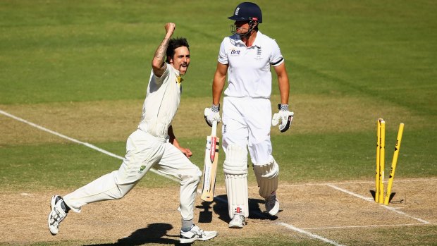 Johnson bowls Alastair Cook.