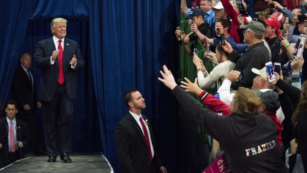 Donald Trump arrives on stage at a rally in Springfield, Ohio, on Thursday.