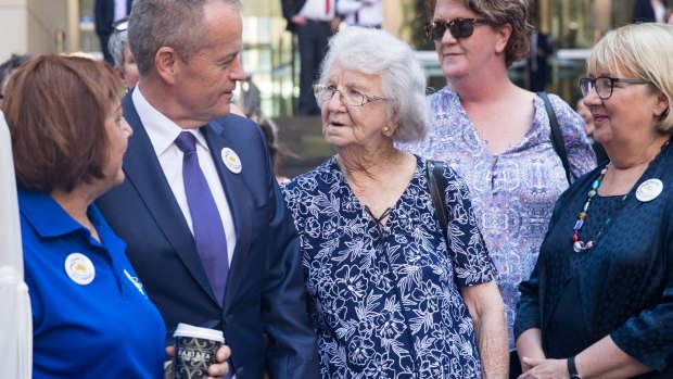 Audrey Nash – who lost her son to suicide after he was a victim of sexual abuse by a Marist Brother – and Bill Shorten after the final hearing of the royal commission.