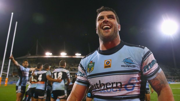 Michael Ennis of the Sharks celebrates victory during the NRL Qualifying Final match.