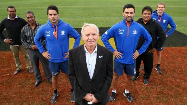 True Roos: Byron Pickett, Jim Krakouer, Daniel Wells, Barry Cable, Lindsay Thomas, Phil Krakouer and Jed Anderson at the launch of the club's Reconciliation Action Plan.