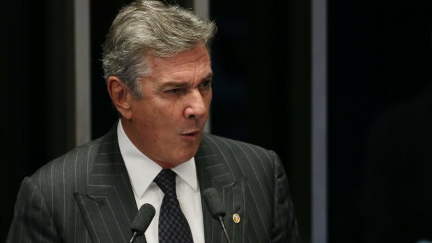 Fernando Collor, senator and former president of Brazil, speaks during a session of the lower house to vote on the impeachment of Dilma Rousseff.