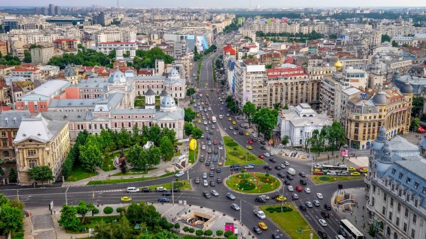 University Square in Bucharest. The city features wide, Paris-inspired boulevards and fine Belle Epoque architecture.