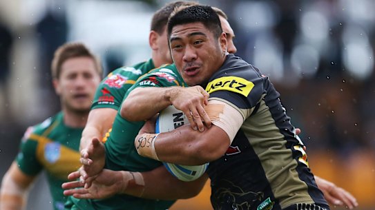 The rise of Moses: Penrith's Moses Leota takes on Wyong Roos in the Intrust Super Premiership.