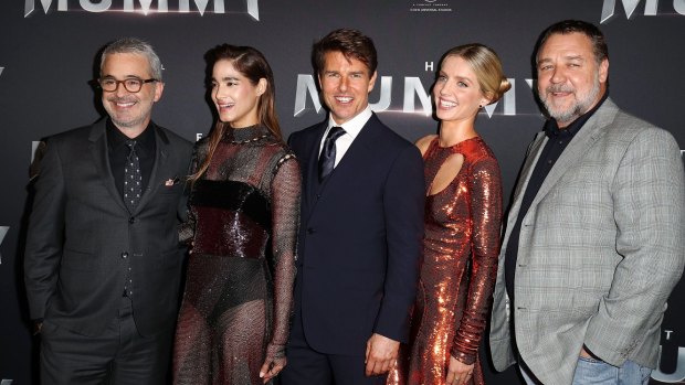 Fimmaker Alex Kurtzman, Sofia Boutella, Tom Cruise, Annabelle Wallis and Russell Crowe at the premiere of The Mummy on Monday night.