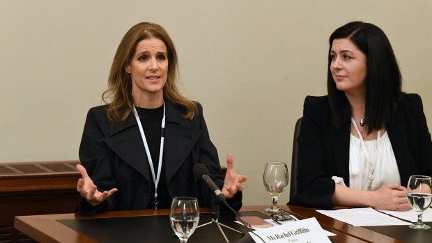 Australian actress Rachel Griffiths (left) and Hagar CEO Jo Pride appear before a Modern Slavery Inquiry at Parliament House in Melbourne.