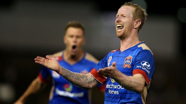 David Carney of the Jets celebrates after scoring what turned out to be the match-winner against Victory.