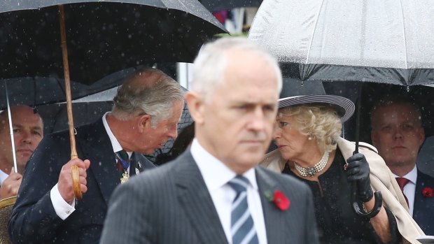 The Prince of Wales and the Duchess of Cornwall attend the Remembrance Day ceremony at the Australian War Memorial in Canberra with Prime Minister Malcolm Turnbull.