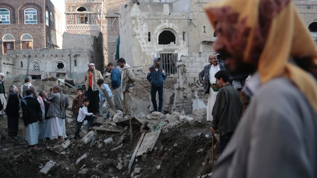 The aftermath of a Saudi-led airstrike near Yemen's Defence Ministry in Sanaa on November 11.