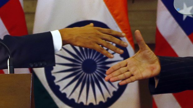 Hands of friendship: US President Barack Obama shakes hands with India's Prime Minister Narendra Modi in New Delhi. 