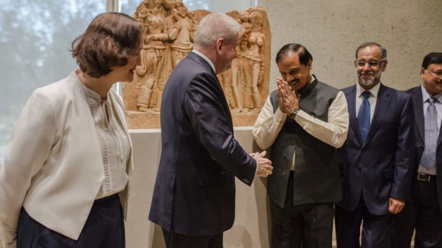 National Gallery of Australia deputy director Kirsten Paisley, Minister for Arts Mitch Fifield, the Honourable Dr Mahesh Sharma and Indian High Commissioner to Australia Navdeep Suri.