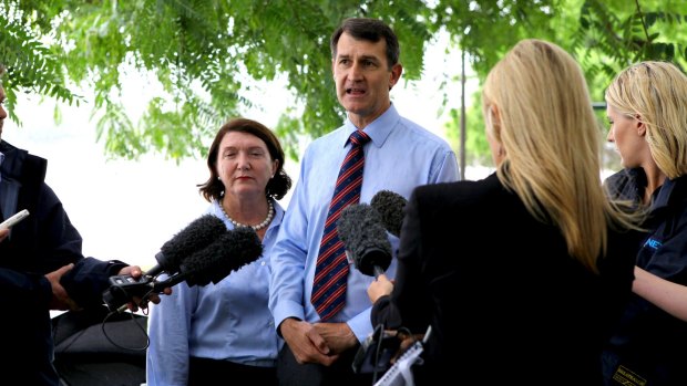 Lord Mayor Graham Quirk and Councillor Vicki Howard address the media in Brisbane during 2012.
