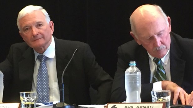 Former Bradken chairman Nick Greiner (left) and current chairman Phil Arnall. 