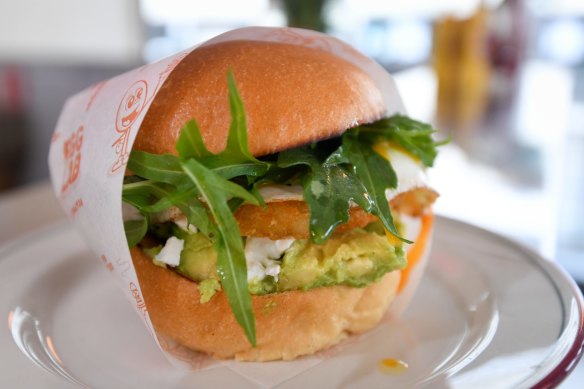 Egglab's breakfast burger with egg, avocado and hash brown.