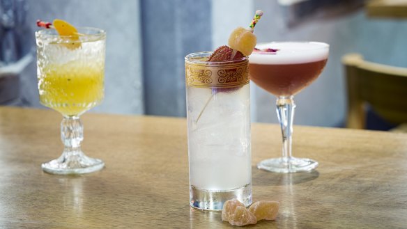 Cocktails from left: Ginkgo Tang Mi, ginger and lychee fizz and Ping Pong Kong.