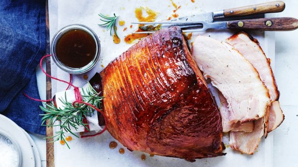 Baked ham with brown sugar and bourbon glaze.