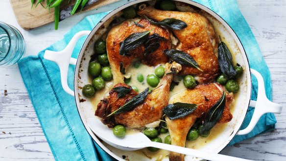 Cheap and cheerful chicken marylands with olives and sage (tip: find a secondary use for the herb).