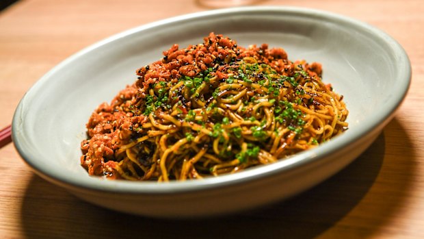 Funky: XO noodles with chicken skin.