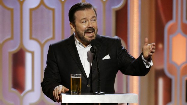 Host Ricky Gervais speaks at the 73rd Annual Golden Globe Awards at the Beverly Hilton Hotel in Beverly Hills, Calif., on Sunday, Jan. 10, 2016 -- (Paul Drinkwater/NBC via AP)