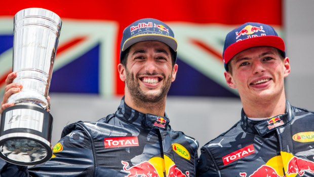 Daniel Ricciardo and Max Verstappen, both of Red Bull, celebrate after the German Grand Prix. 