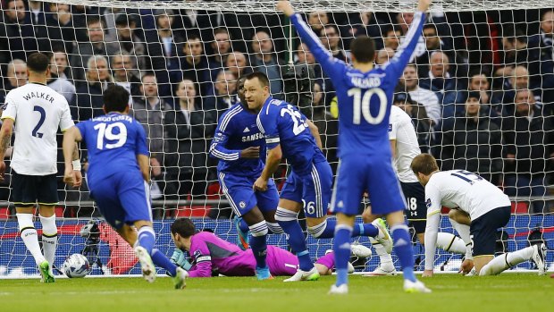 John Terry scores Chelsea's first goal against Spurs in the League Cup Final at Wembley on Sunday.
