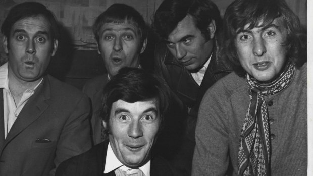 The regular members of the cast of <i>Monty Python's Flying Circus</i>:   
Michael Palin (foreground) and (left to right) John Cleese, Graham Chapman, Terry Jones and Eric Idle. February 5, 1979.
