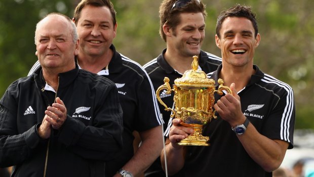 Reign supreme: Former All Blacks coach Graham Henry with current coach Steve Hansen, captain Richie McCaw and Dan Carter.