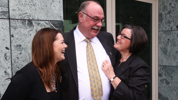 Cathy McGowan (right) with Liberal Warren Entsch and the Greens Sarah Hanson-Young after Mr Entsch introduced a private member's bill on marriage equality last August.