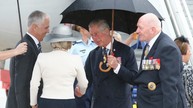 Prince Charles is greeted by Prime Minister Malcolm Turnbull, Lucy Turnbull and Governor-General Sir Peter Cosgrove on his arrival in Canberra on Wednesday.