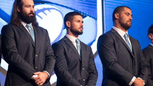 Eels out: The Origin promotion of Nathan Peats (centre, with NSW teammates Aaron Woods and Andrew Fifita) hasn't helped him at club level.