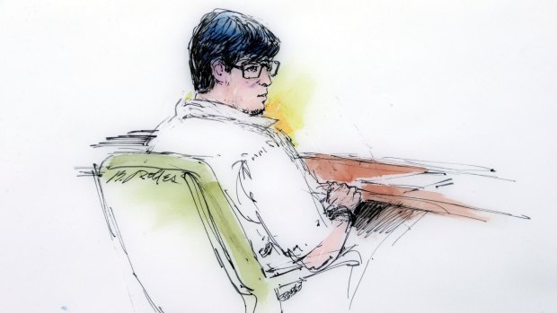 In this courtroom sketch, Enrique Marquez appears in federal court in Riverside, California in 2015.