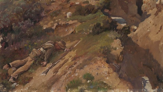 Detail of George Lambert's "Study for dead trooper and detail of Turkish trench", which was painted at Gallipoli in 1919. The nature of warfare changed between the First and Second World Wars.