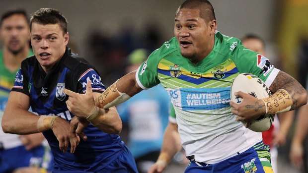 Making his mark: Ex-Knights centre Joey Leilua has been in exceptional form for Canberra this season.