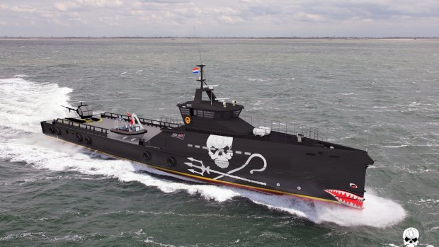 An impression of Sea Shepherd's new Southern Ocean patrol ship, designed by Dutch ship builder Damen. 