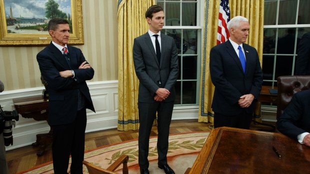 Jared Kushner, flanked by former national security adviser Michael Flynn and Vice President Mike Pence, attended a meeting at Trump Tower with the Russian ambassador.