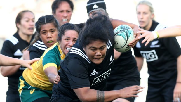 Forward surge: Aotearoa Mata'u of the Black Ferns is tackled during the international women's Test match between the New Zealand and Australia.