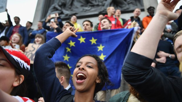 Protesters gather to demonstrate against the EU referendum result in Trafalgar Square.