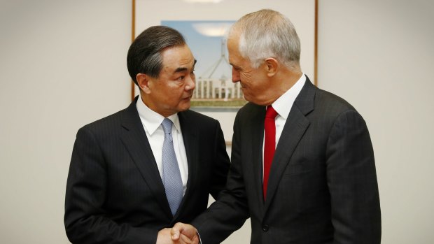 Prime Minister Malcolm Turnbull meets with Chinese Foreign Affairs Minister Wang Yi at Parliament House in Canberra, on Tuesday 7 February 2017.